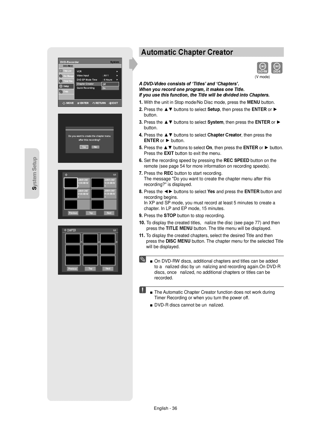 Samsung DVD-VR350 instruction manual Automatic Chapter Creator, DVD-RecorderSystem 