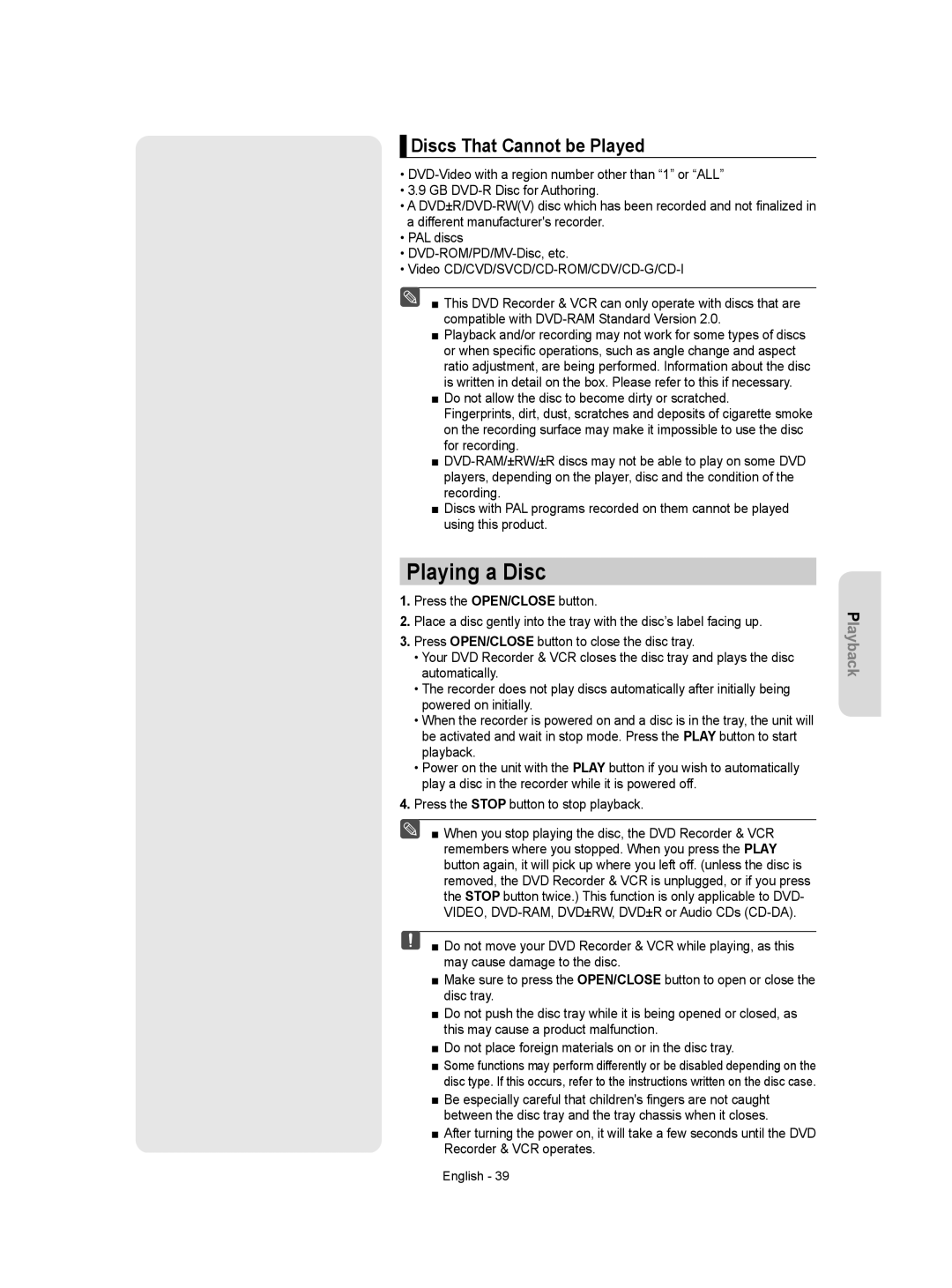 Samsung DVD-VR350 instruction manual Playing a Disc, Discs That Cannot be Played 