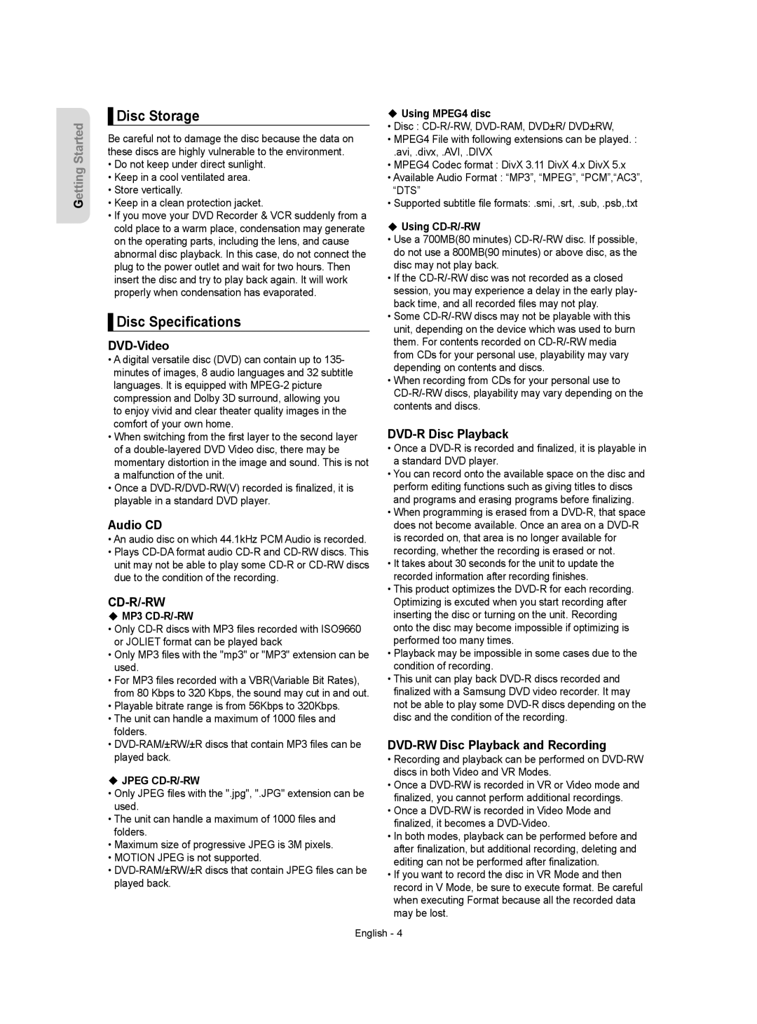 Samsung DVD-VR350 instruction manual Disc Storage, Disc Speciﬁcations 