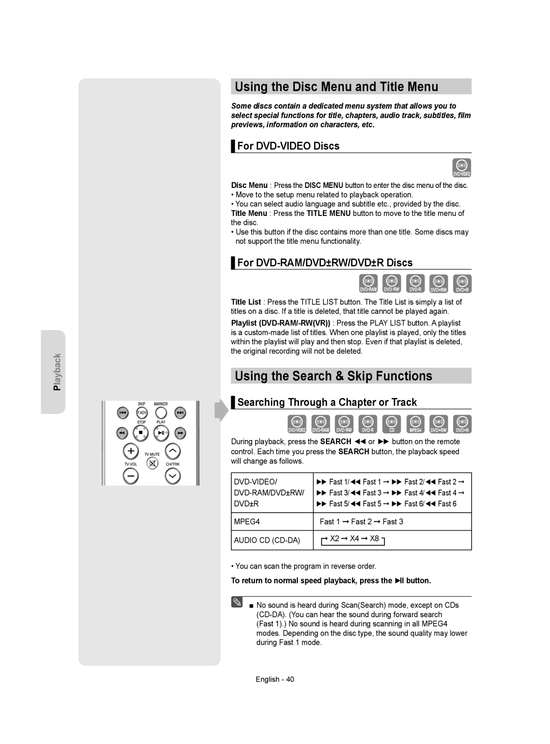 Samsung DVD-VR350 Using the Disc Menu and Title Menu, Using the Search & Skip Functions, For DVD-VIDEO Discs 