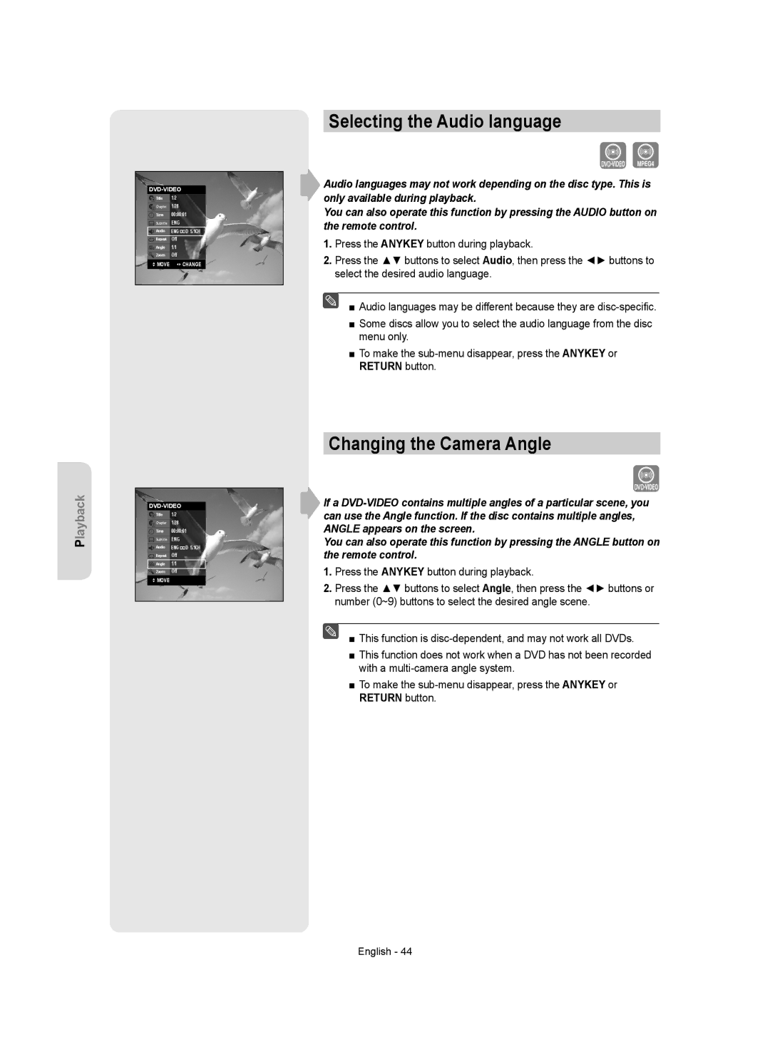 Samsung DVD-VR350 instruction manual Selecting the Audio language, Changing the Camera Angle 