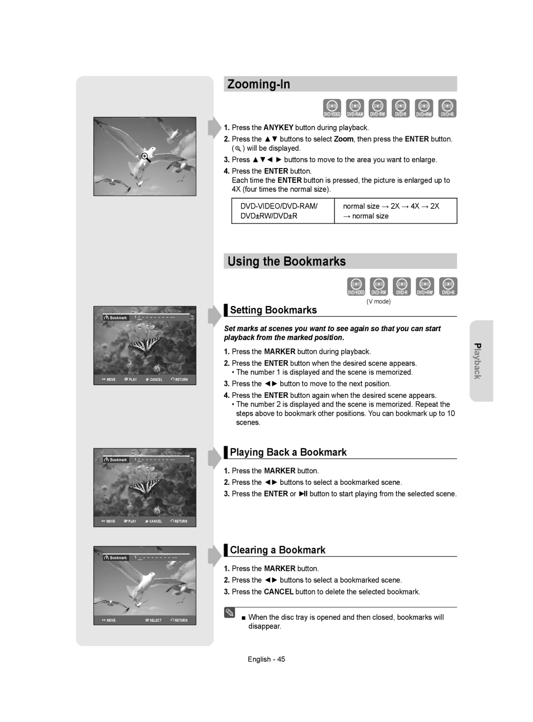 Samsung DVD-VR350 Zooming-In, Using the Bookmarks, Setting Bookmarks, Playing Back a Bookmark, Clearing a Bookmark 