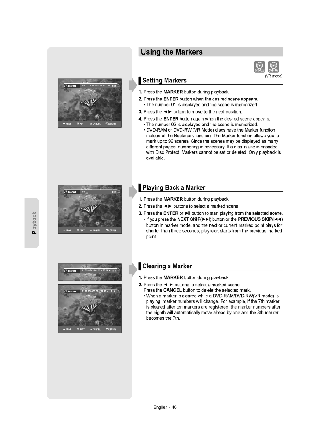 Samsung DVD-VR350 instruction manual Using the Markers, Setting Markers, Playing Back a Marker, Clearing a Marker 