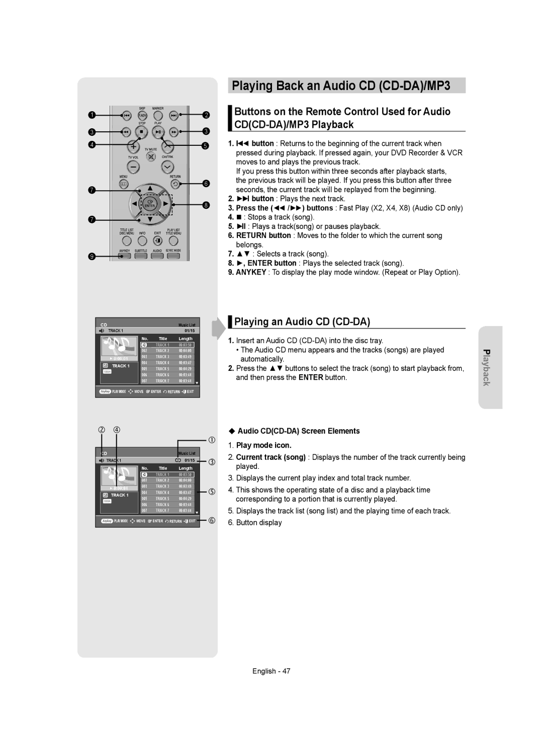 Samsung DVD-VR350 instruction manual Playing Back an Audio CD CD-DA/MP3, Playing an Audio CD CD-DA 