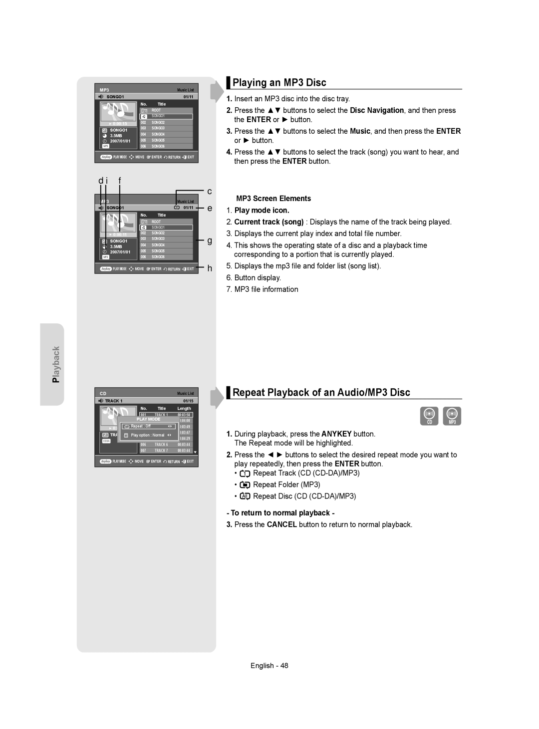 Samsung DVD-VR350 Playing an MP3 Disc, Repeat Playback of an Audio/MP3 Disc, MP3 Screen Elements Play mode icon 