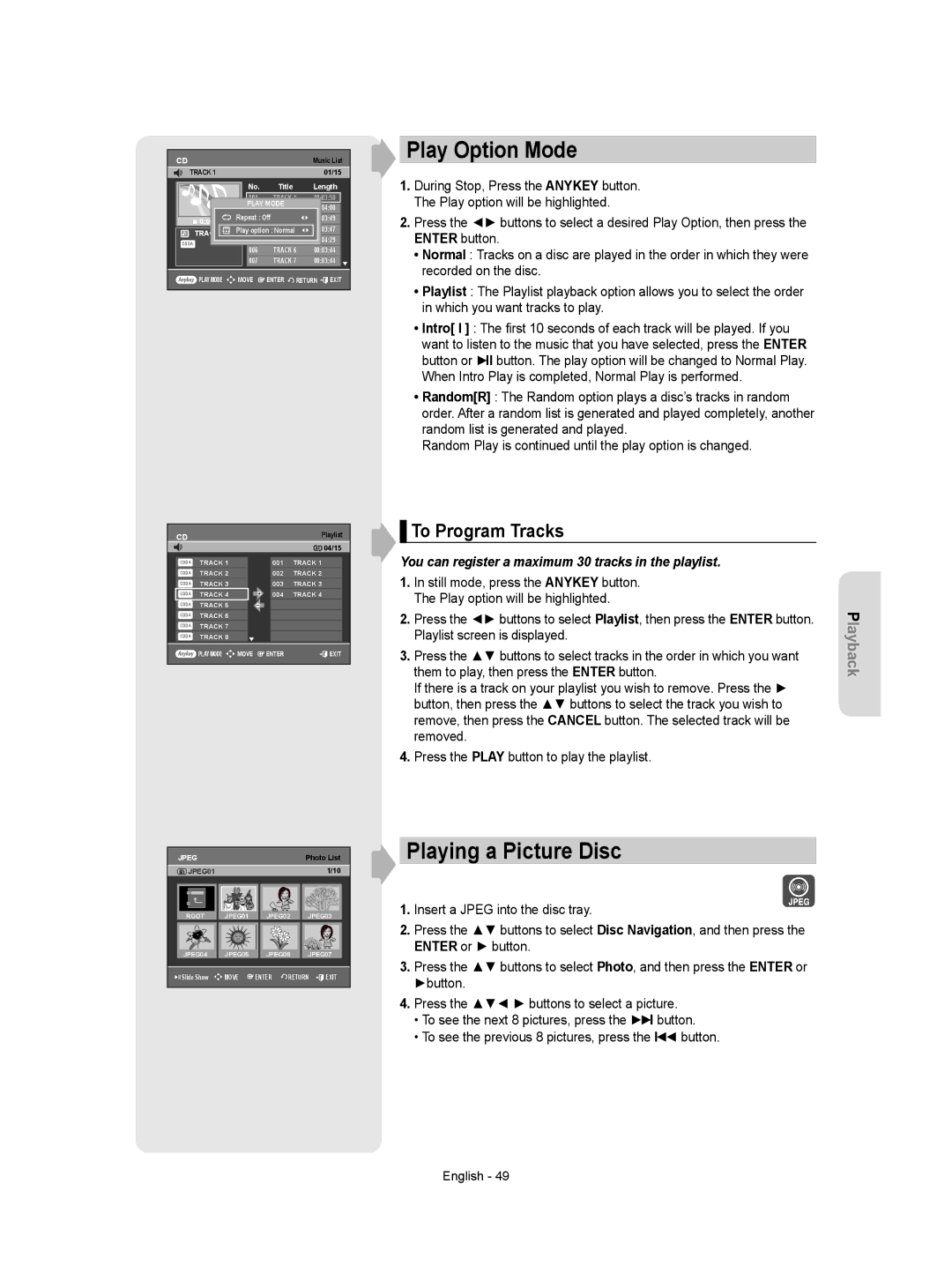 Samsung DVD-VR350 Play Option Mode, Playing a Picture Disc, To Program Tracks, Insert a Jpeg into the disc tray 