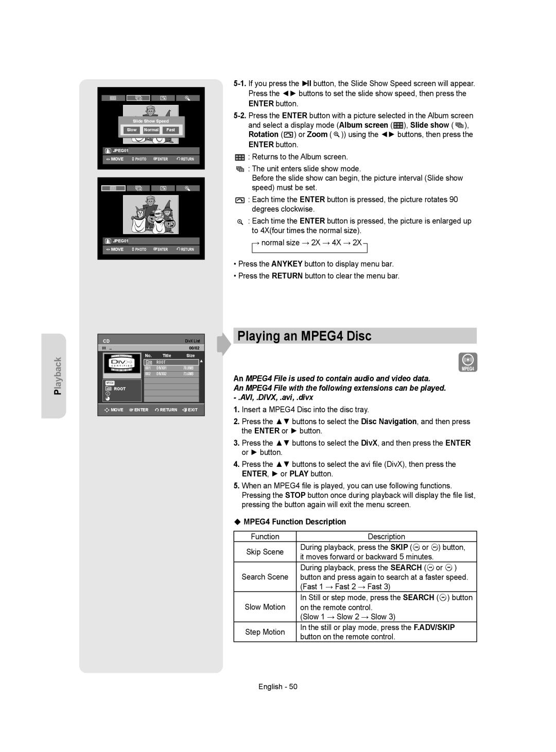 Samsung DVD-VR350 Playing an MPEG4 Disc, MPEG4 Function Description, Still or step mode, press the Search 