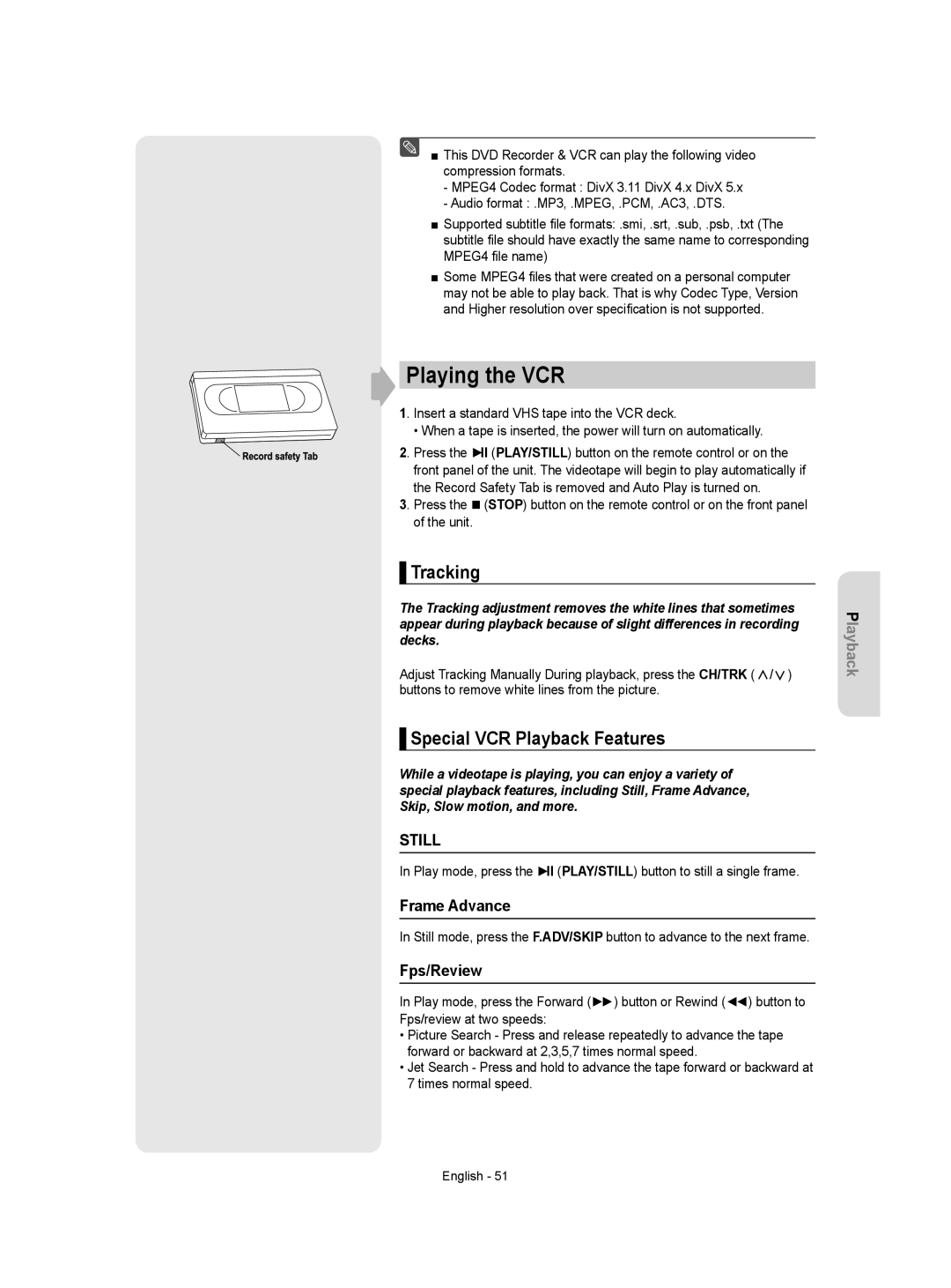 Samsung DVD-VR350 instruction manual Playing the VCR, Tracking, Special VCR Playback Features, Frame Advance, Fps/Review 