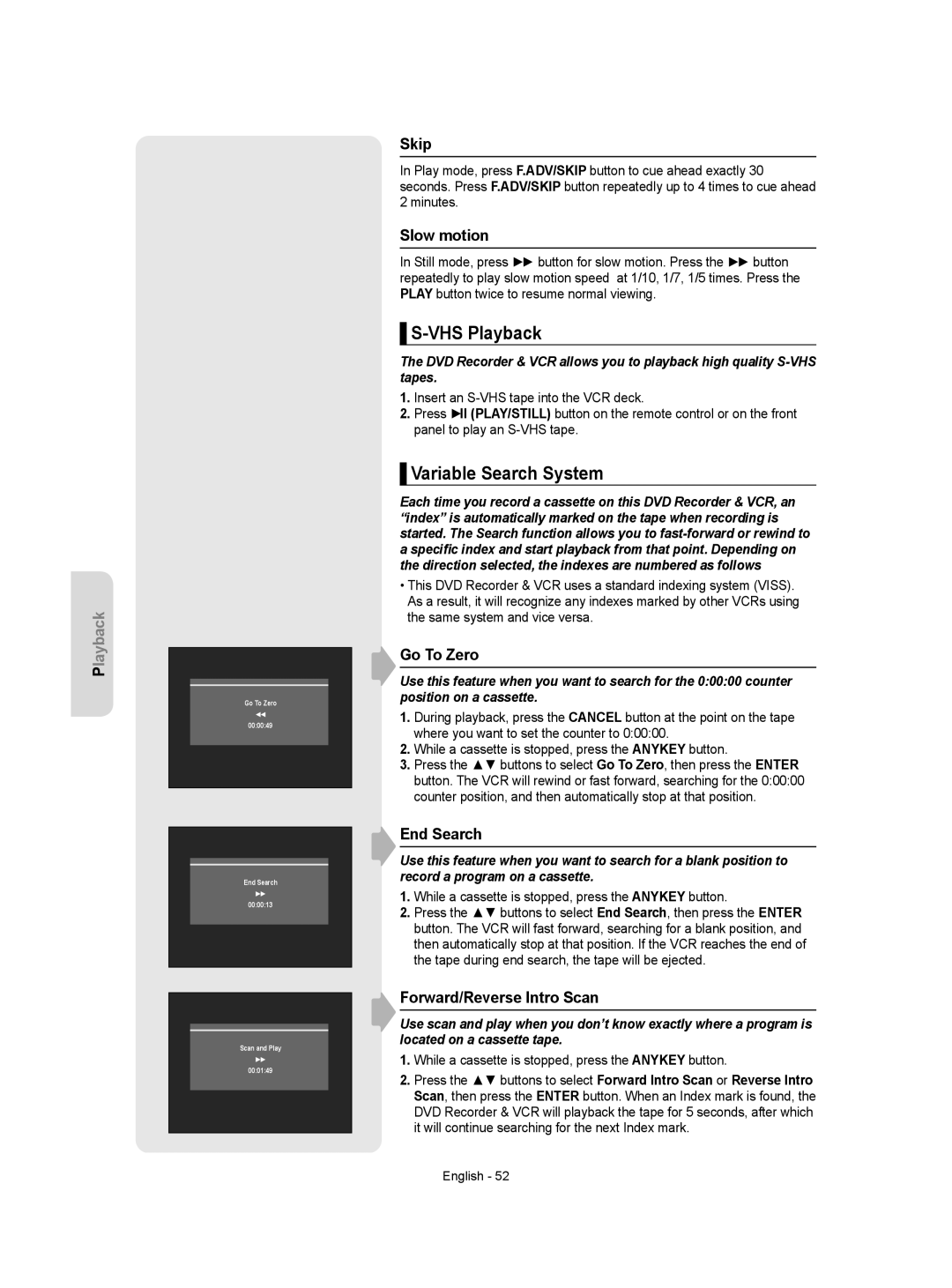 Samsung DVD-VR350 instruction manual VHS Playback, Variable Search System 