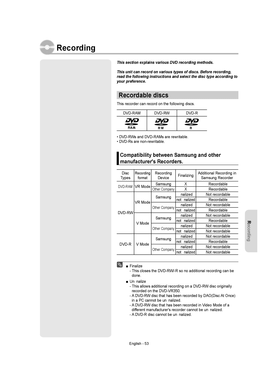 Samsung DVD-VR350 instruction manual Recording, Recordable discs, Dvd-Ram Dvd-Rw 
