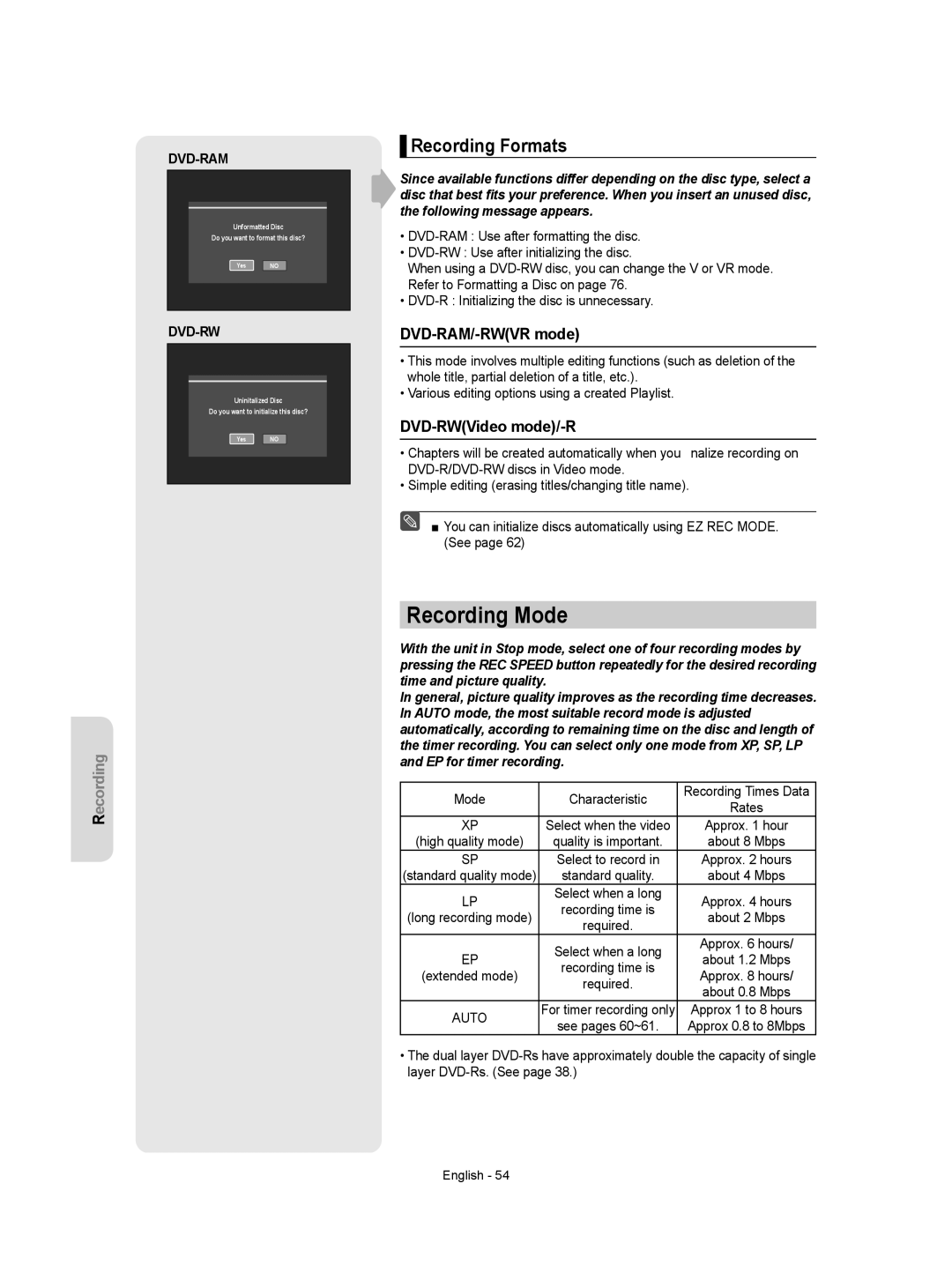 Samsung DVD-VR350 instruction manual Recording Mode, Recording Formats, DVD-RAM/-RWVR mode, DVD-RWVideo mode/-R, Auto 