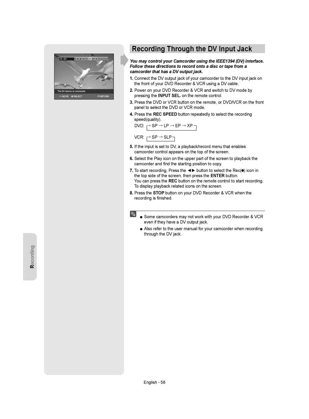 Samsung DVD-VR350 instruction manual Recording Through the DV Input Jack 