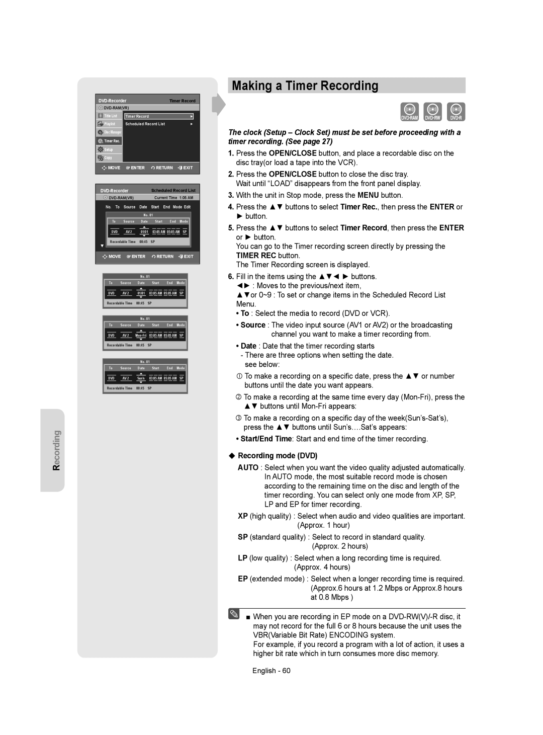 Samsung DVD-VR350 Making a Timer Recording, Start/End Time Start and end time of the timer recording, Recording mode DVD 