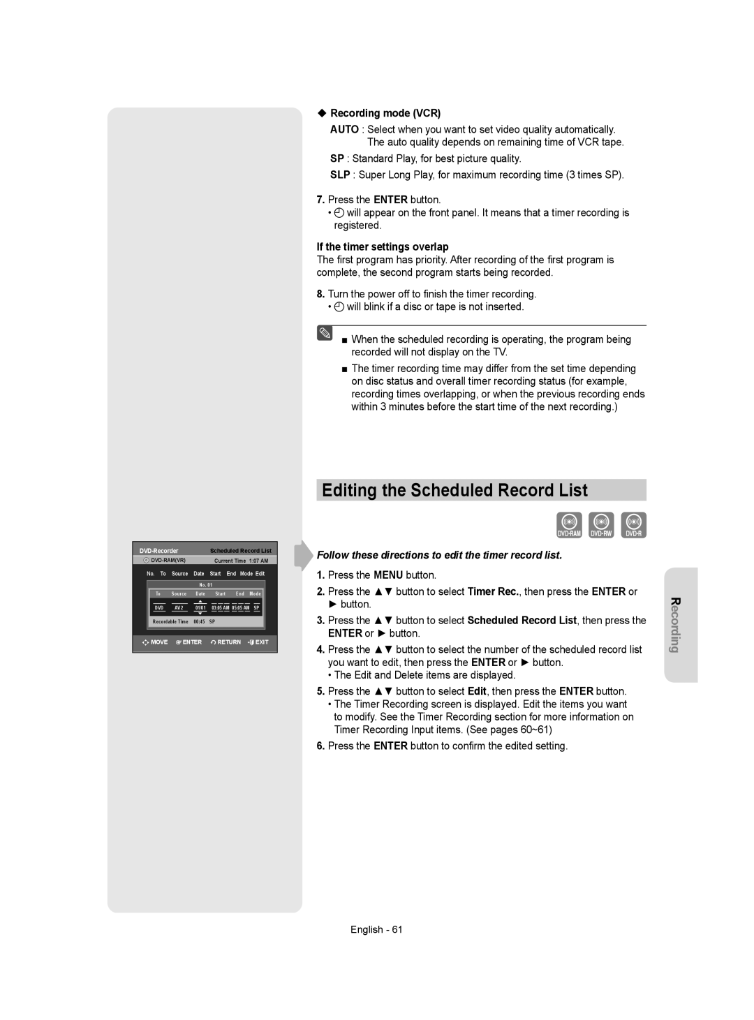 Samsung DVD-VR350 instruction manual Editing the Scheduled Record List, Recording mode VCR, If the timer settings overlap 