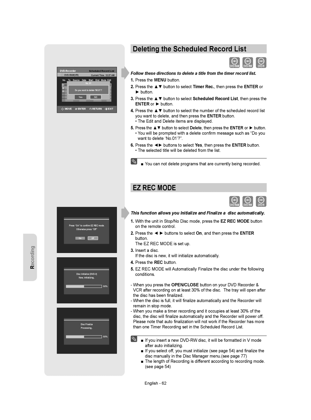 Samsung DVD-VR350 instruction manual Deleting the Scheduled Record List, EZ REC Mode 