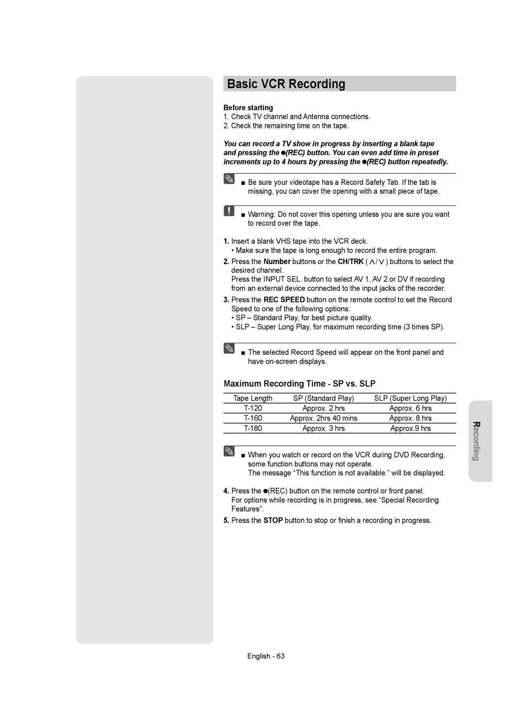 Samsung DVD-VR350 instruction manual Basic VCR Recording, Maximum Recording Time SP vs. SLP, Before starting, 180 