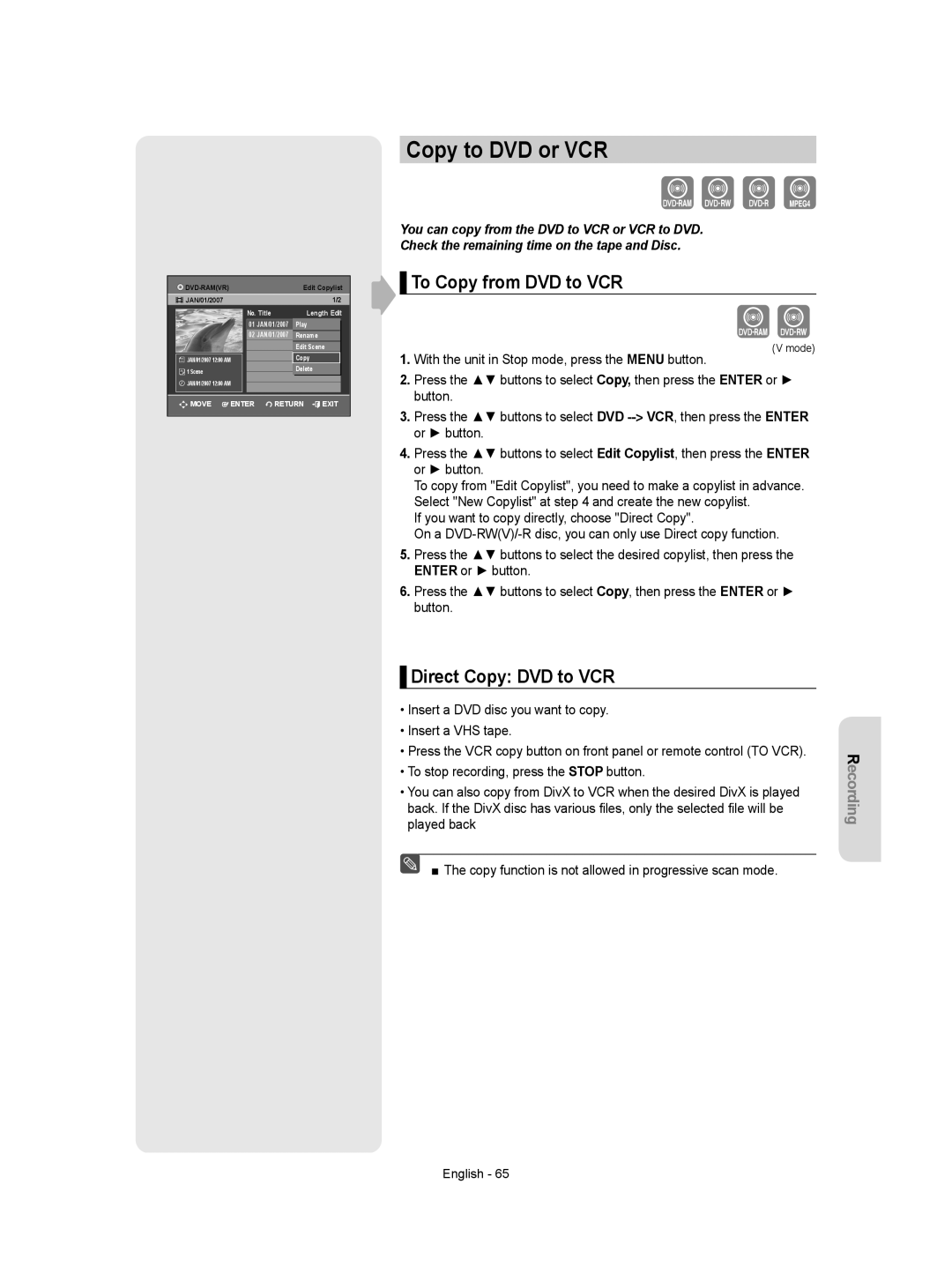 Samsung DVD-VR350 instruction manual Copy to DVD or VCR, To Copy from DVD to VCR, Direct Copy DVD to VCR 