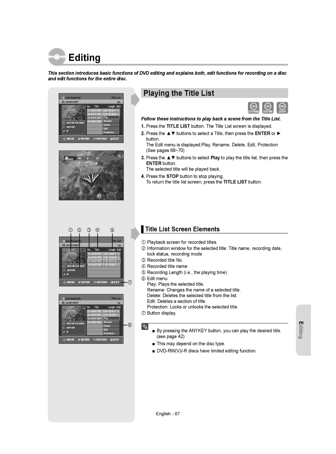 Samsung DVD-VR350 instruction manual Editing, Playing the Title List, Title List Screen Elements 