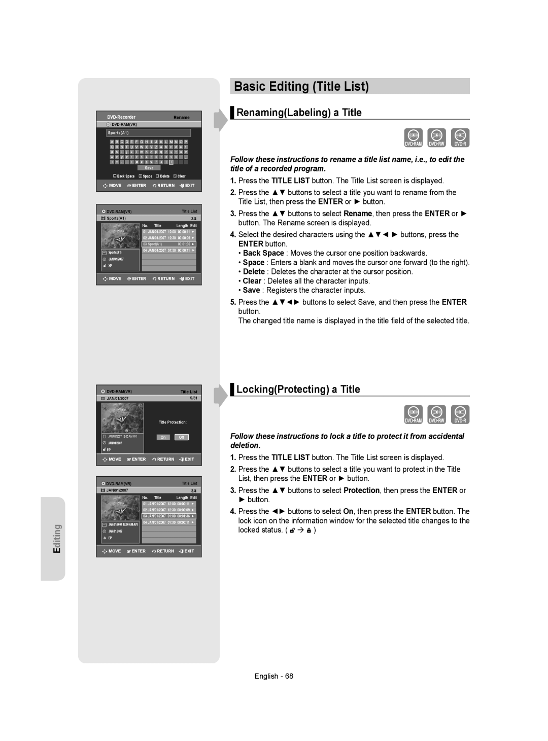 Samsung DVD-VR350 Basic Editing Title List, RenamingLabeling a Title, LockingProtecting a Title, Locked status English 