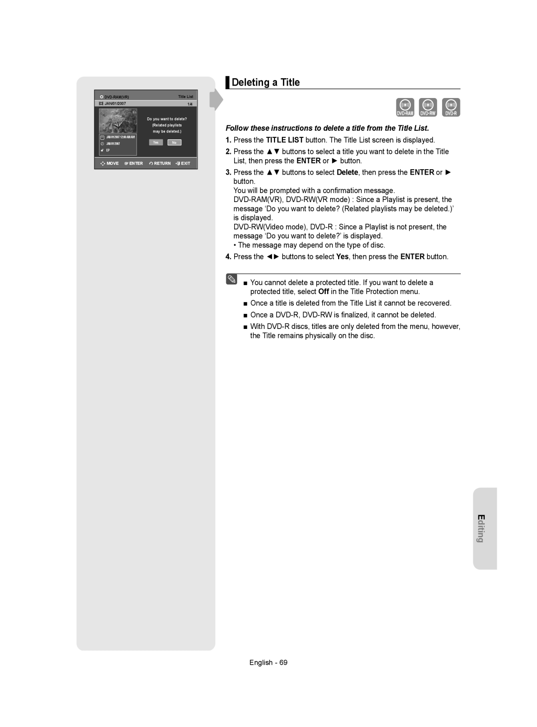 Samsung DVD-VR350 instruction manual Deleting a Title 