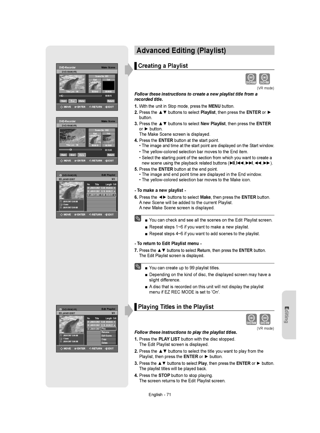 Samsung DVD-VR350 instruction manual Advanced Editing Playlist, Creating a Playlist, Playing Titles in the Playlist 