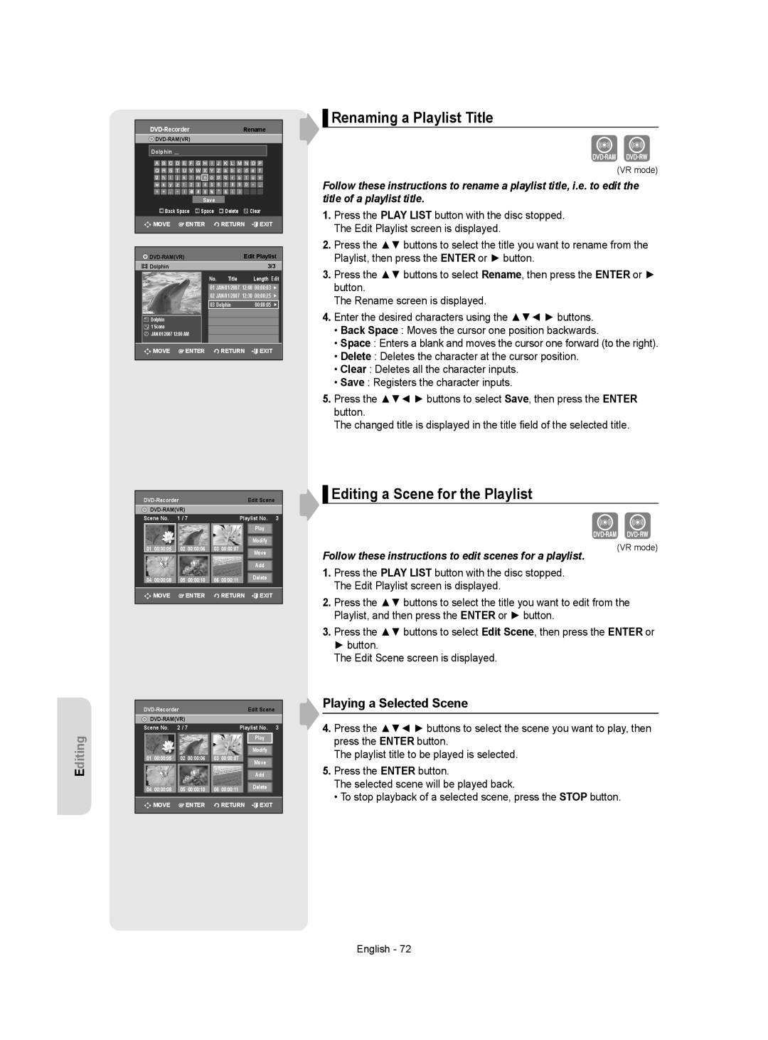 Samsung DVD-VR350 instruction manual Renaming a Playlist Title, Editing a Scene for the Playlist, Playing a Selected Scene 