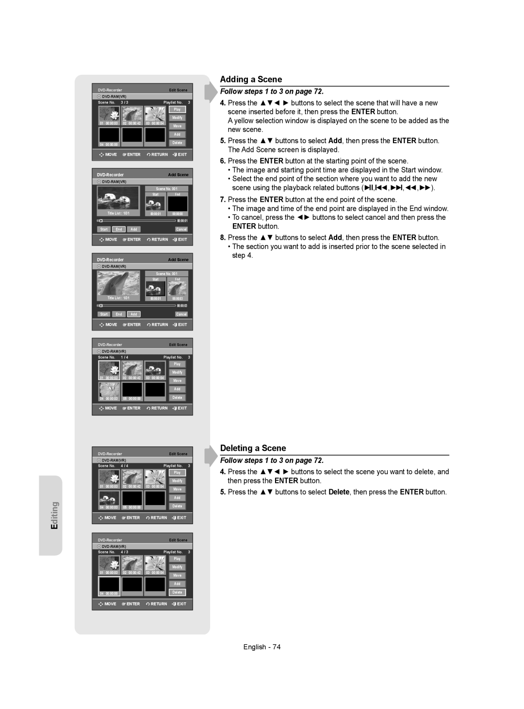 Samsung DVD-VR350 instruction manual Adding a Scene, Deleting a Scene 