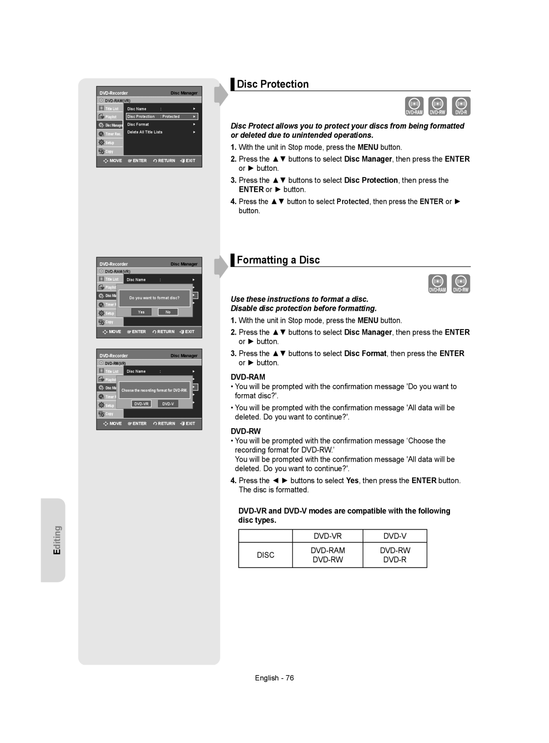 Samsung DVD-VR350 instruction manual Disc Protection, Formatting a Disc, DVD-VR Disc DVD-RAM DVD-RW 