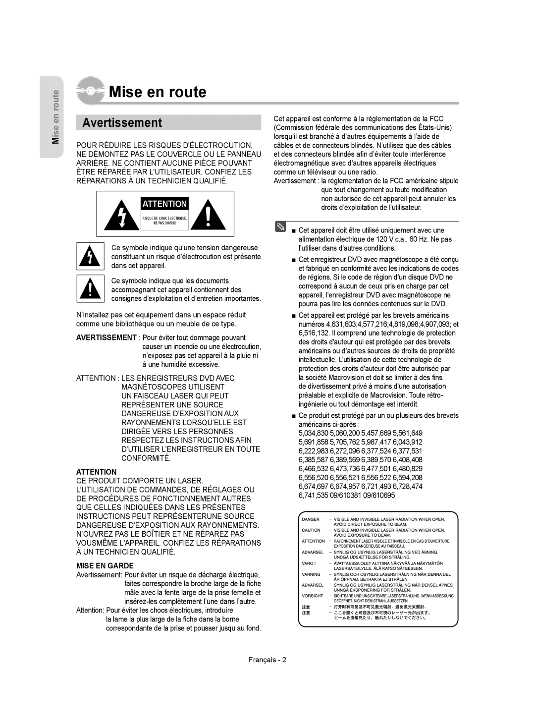 Samsung DVD-VR350 instruction manual Mise en route, Avertissement 