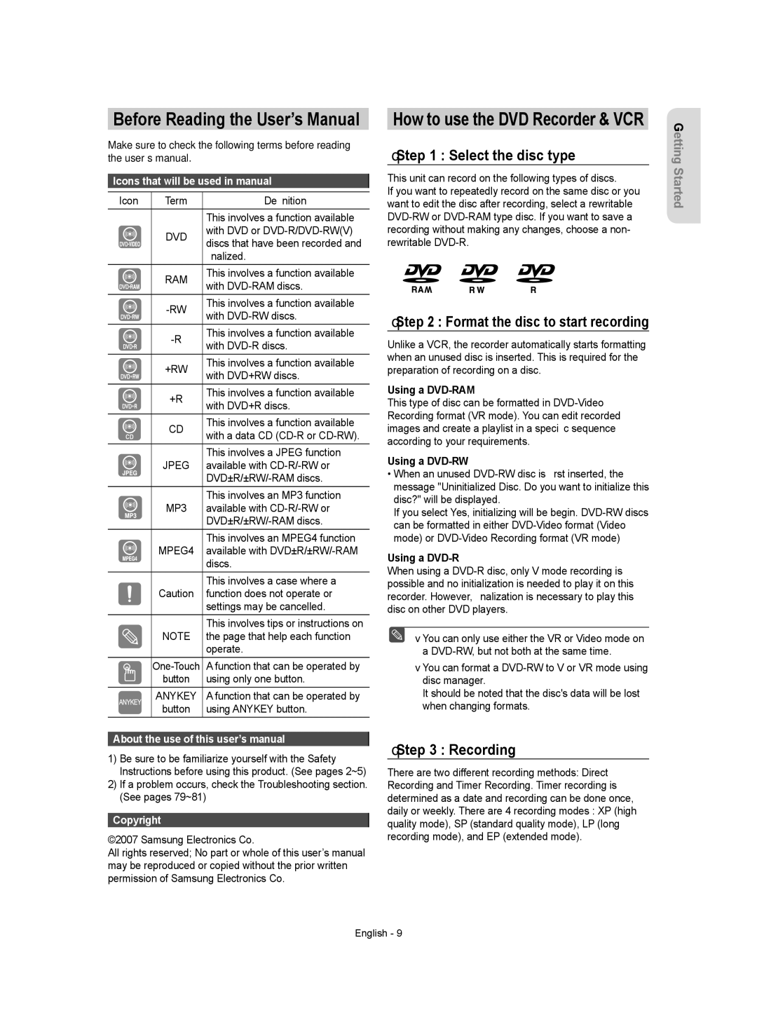 Samsung DVD-VR350 instruction manual Select the disc type, Recording, Using a DVD-RAM, Using a DVD-RW 