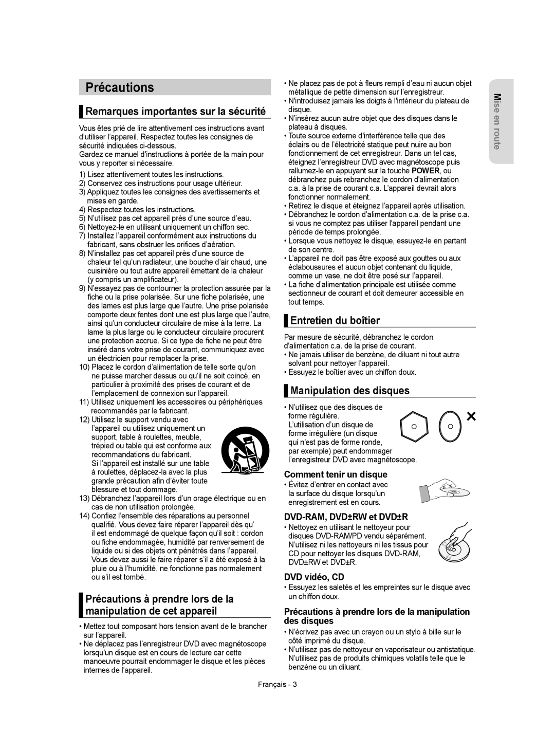 Samsung DVD-VR350 instruction manual Précautions, Entretien du boîtier, Manipulation des disques 