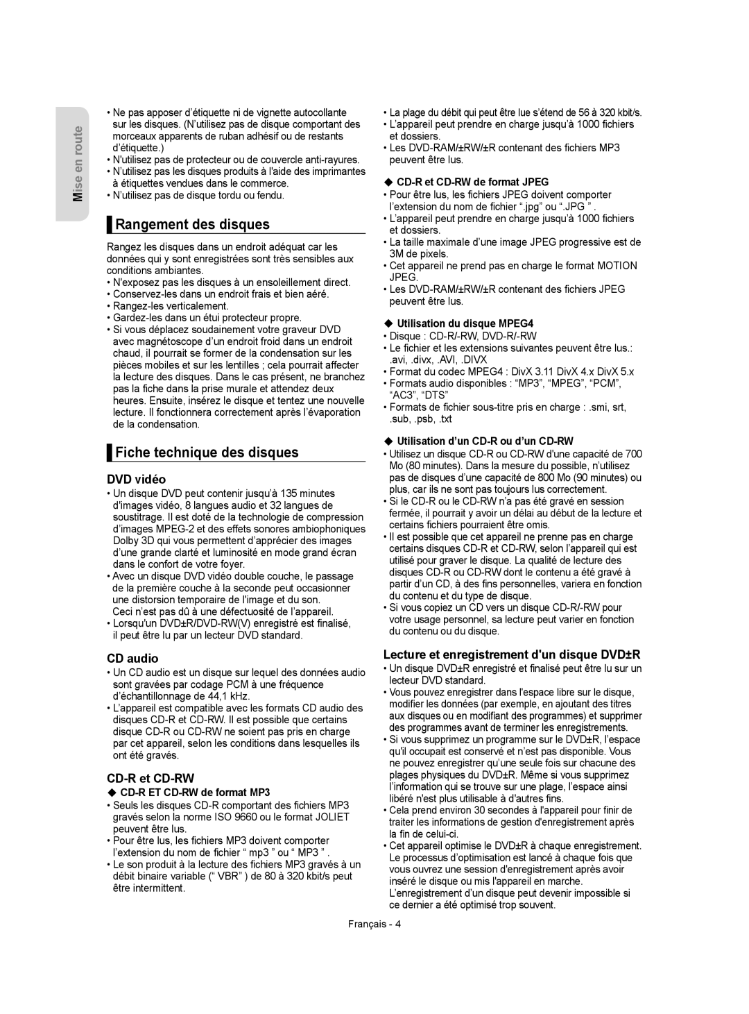 Samsung DVD-VR350 instruction manual Rangement des disques, Fiche technique des disques 