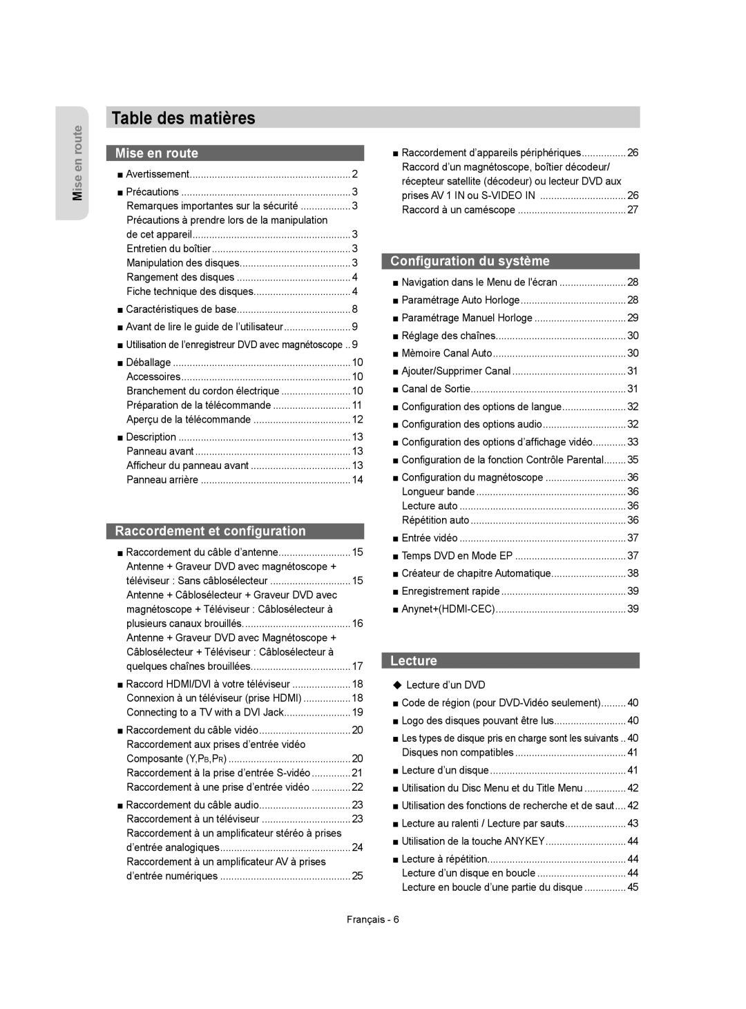 Samsung DVD-VR350 instruction manual ‹ Lecture d’un DVD Code de région pour DVD-Vidéo seulement, Disques non compatibles 