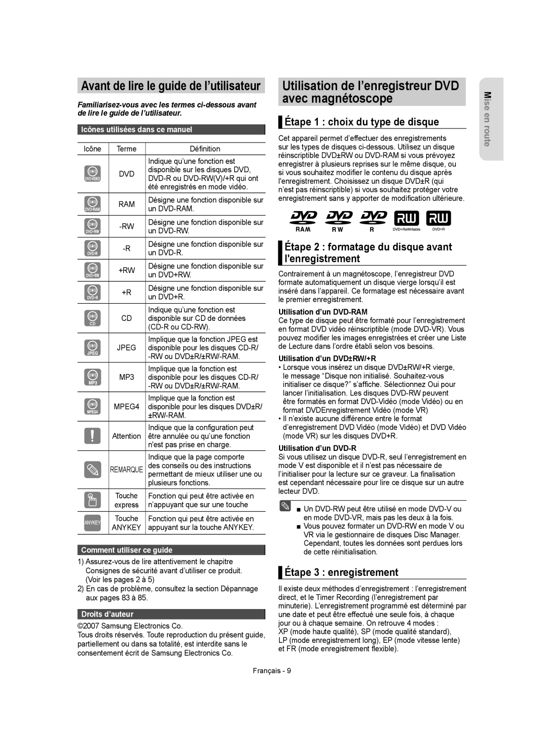 Samsung DVD-VR350 instruction manual Utilisation de l’enregistreur DVD avec magnétoscope, Étape 1 choix du type de disque 