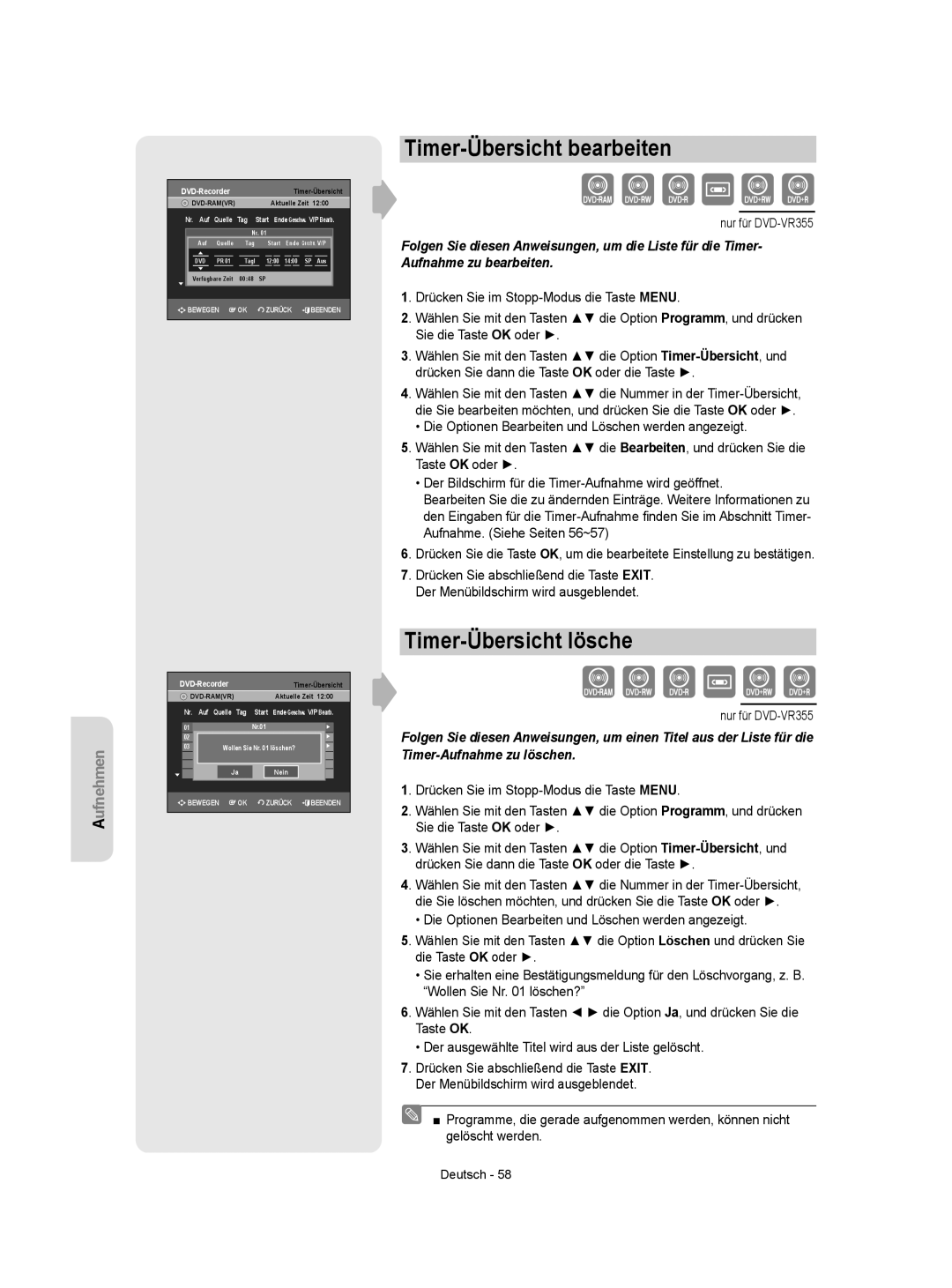 Samsung DVD-VR350/XEB, DVD-VR350/XEG manual Timer-Übersicht bearbeiten, Timer-Übersicht lösche 