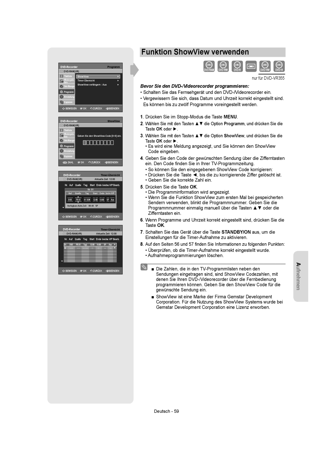 Samsung DVD-VR350/XEG, DVD-VR350/XEB manual Funktion ShowView verwenden, DVD-RecorderShowView 