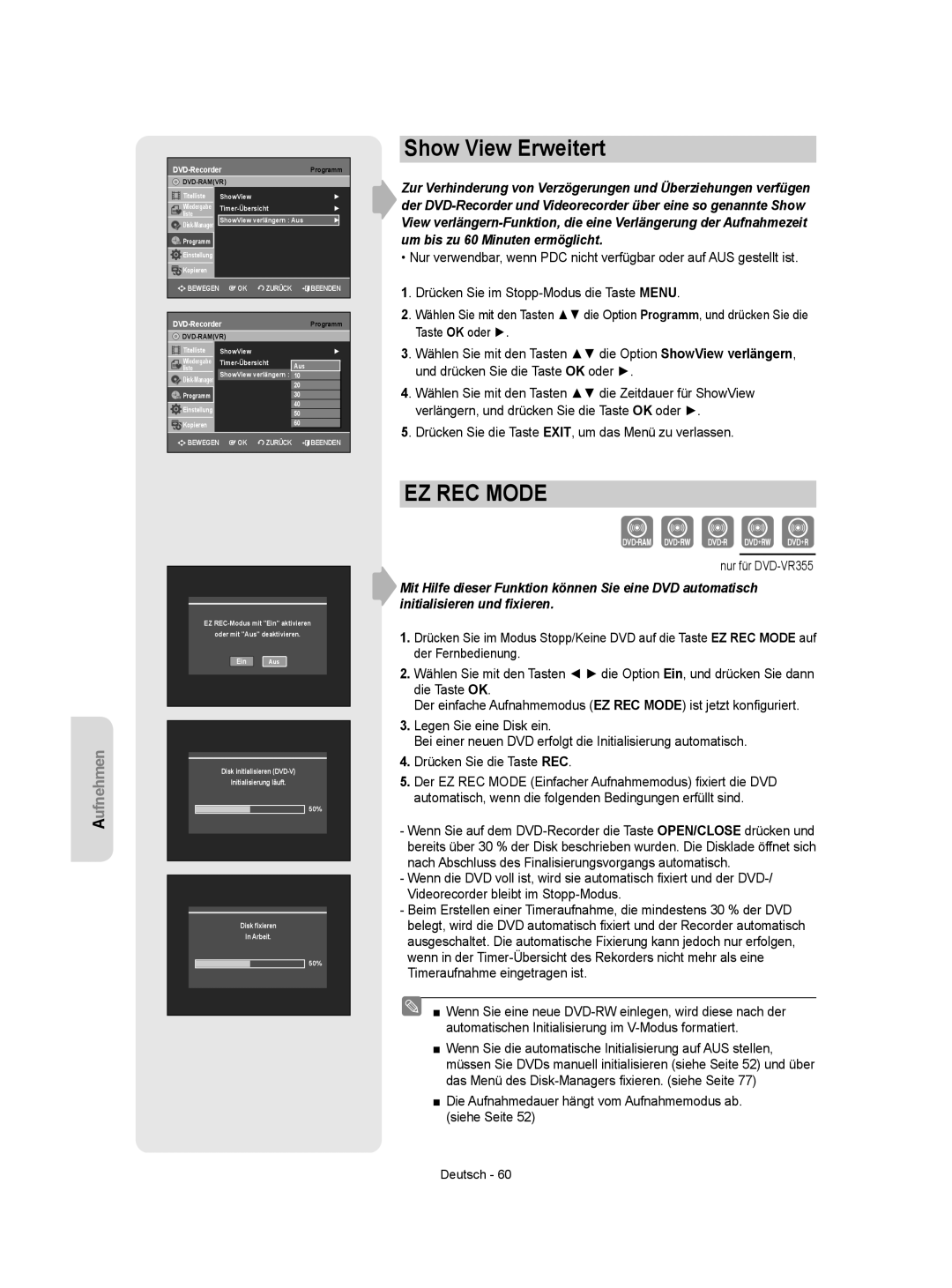 Samsung DVD-VR350/XEB, DVD-VR350/XEG manual Show View Erweitert, EZ REC Mode 