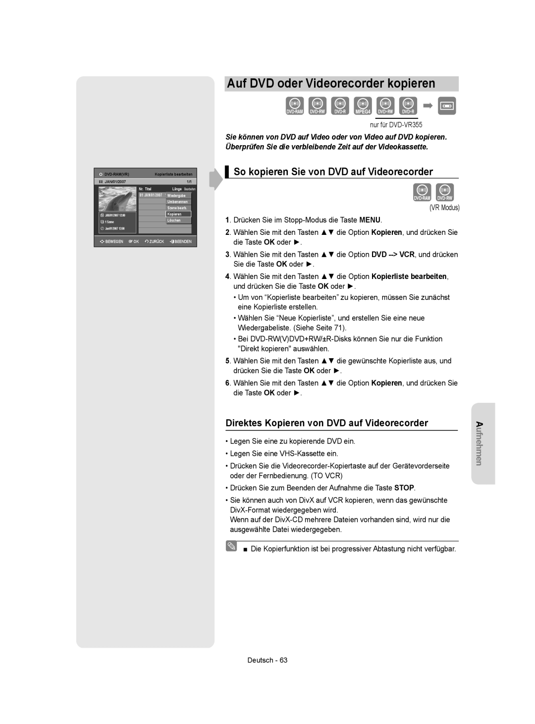 Samsung DVD-VR350/XEG, DVD-VR350/XEB manual Auf DVD oder Videorecorder kopieren, So kopieren Sie von DVD auf Videorecorder 