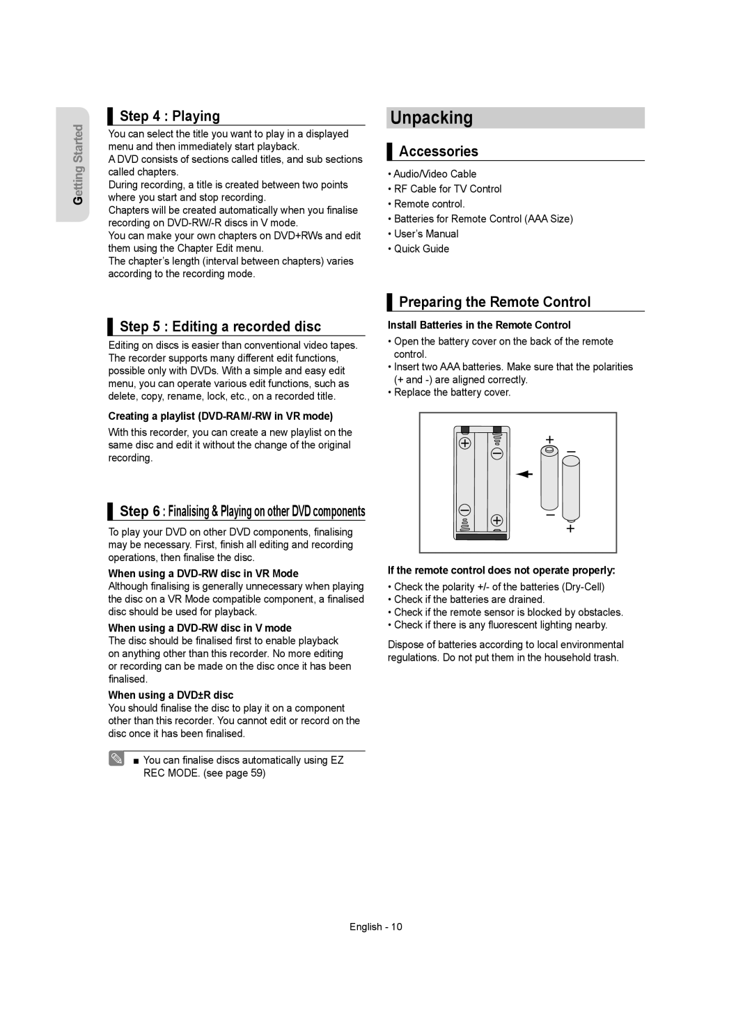 Samsung DVD-VR350/XEC manual Unpacking, Playing, Accessories, Editing a recorded disc, Preparing the Remote Control 