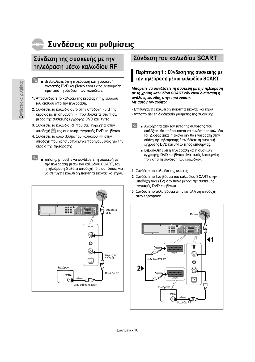 Samsung DVD-VR350/XEC, DVD-VR355/XEC manual Συνδέσεις και ρυθμίσεις, Σύνδεση της συσκευής με την, Τηλεόραση μέσω καλωδίου RF 