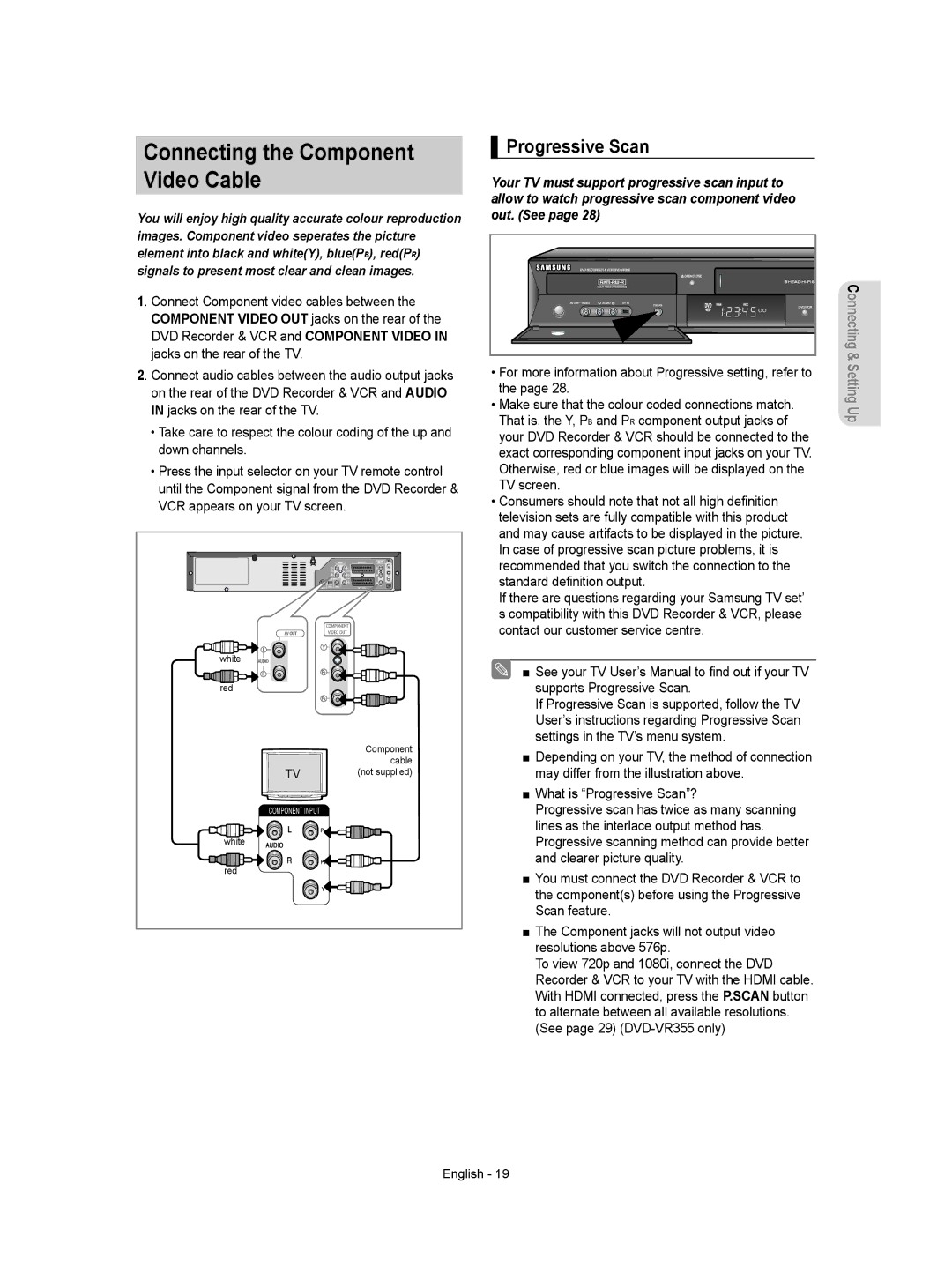 Samsung DVD-VR355/AUS, DVD-VR350/XEC, DVD-VR355/XEC, DVD-VR355/EUR Connecting the Component Video Cable, Progressive Scan 