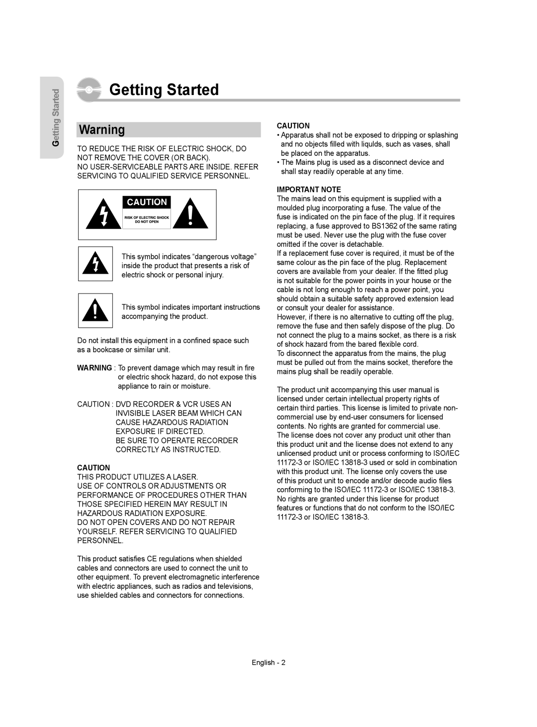 Samsung DVD-VR355/EUR, DVD-VR350/XEC, DVD-VR355/XEC, DVD-VR350/EUR, DVD-VR355/AUS manual Getting Started 