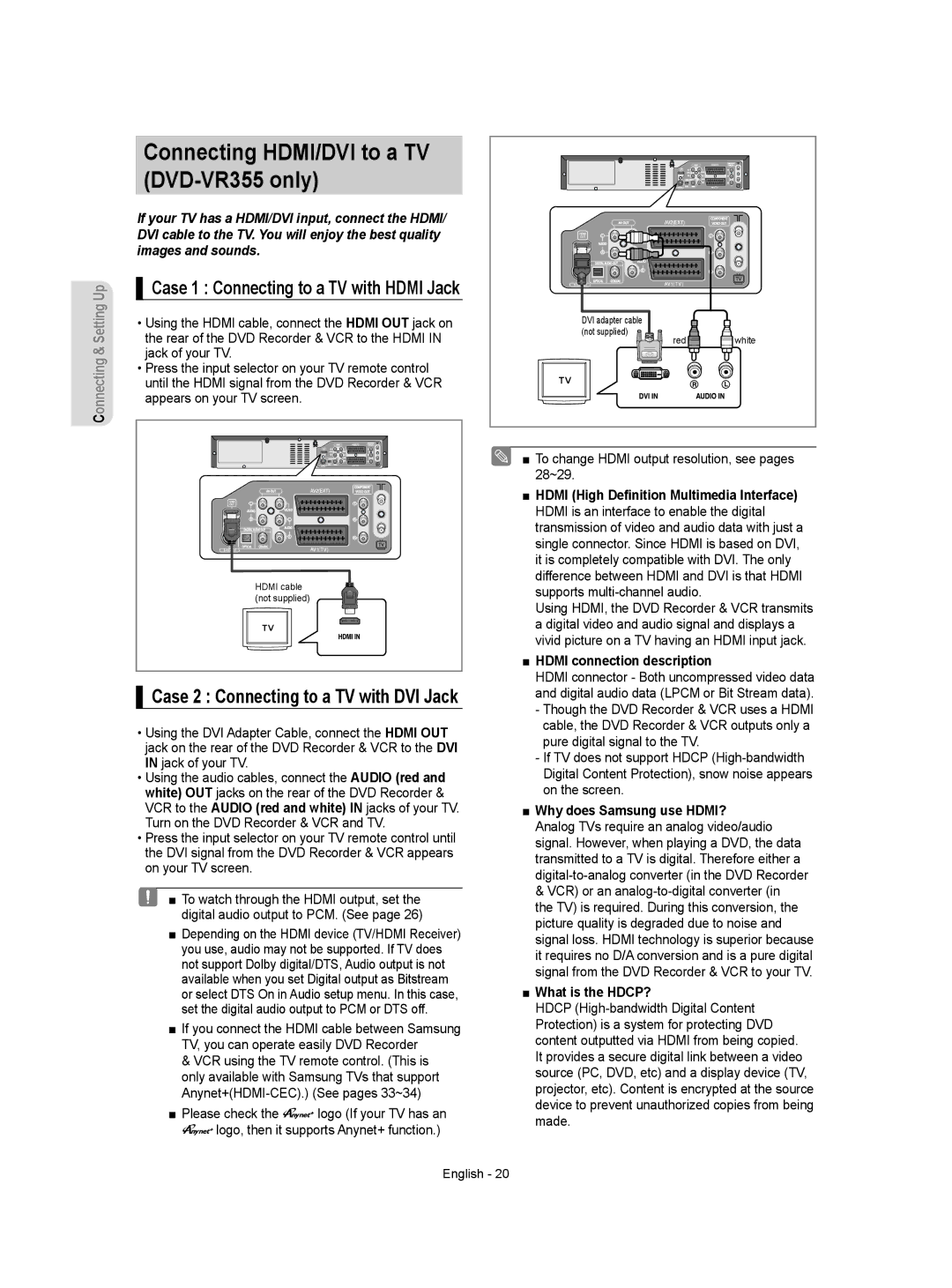 Samsung DVD-VR350/XEC, DVD-VR355/XEC Connecting HDMI/DVI to a TV DVD-VR355 only, Case 1 Connecting to a TV with Hdmi Jack 