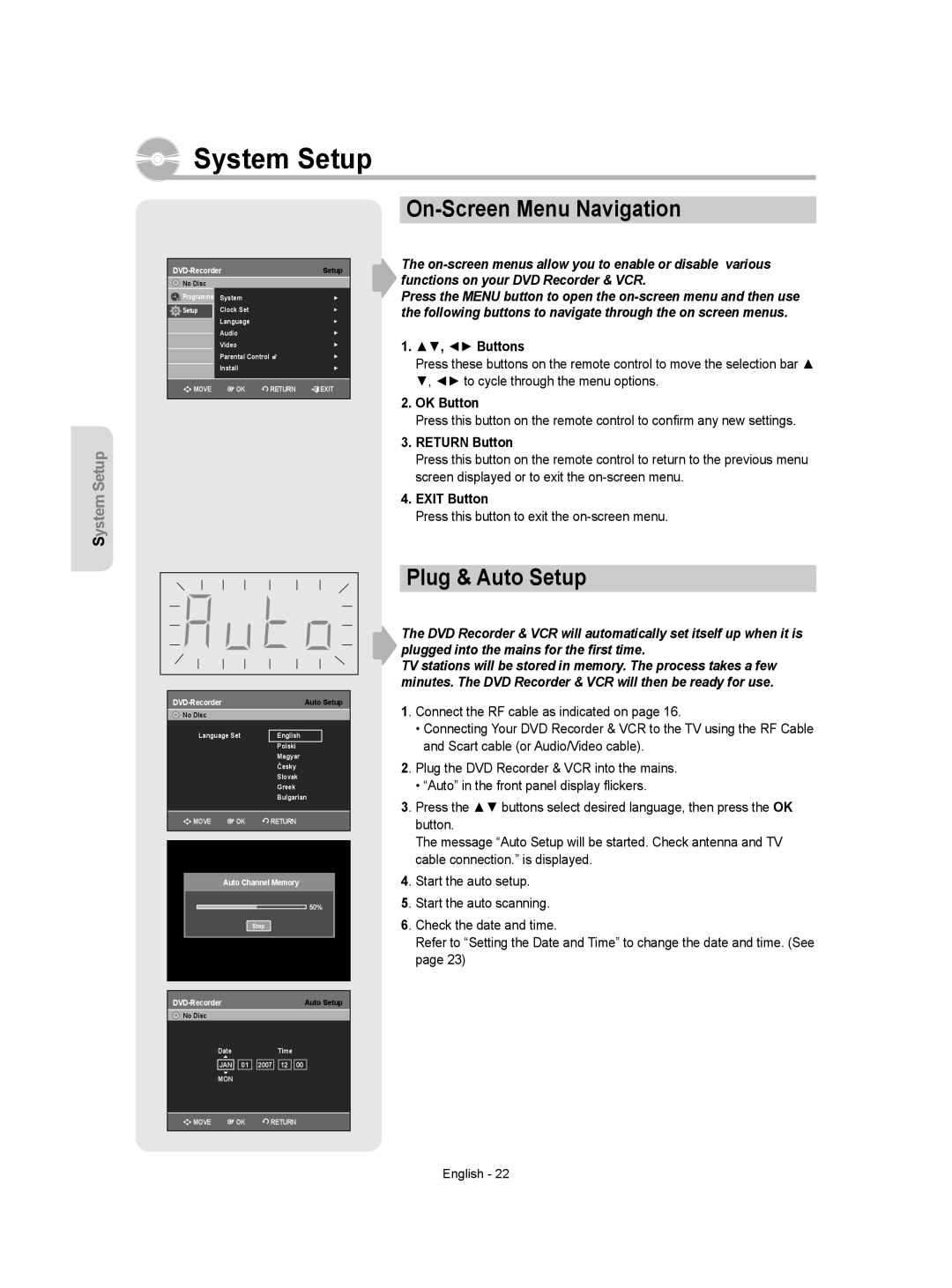 Samsung DVD-VR355/EUR, DVD-VR350/XEC, DVD-VR355/XEC manual System Setup, On-Screen Menu Navigation, Plug & Auto Setup 