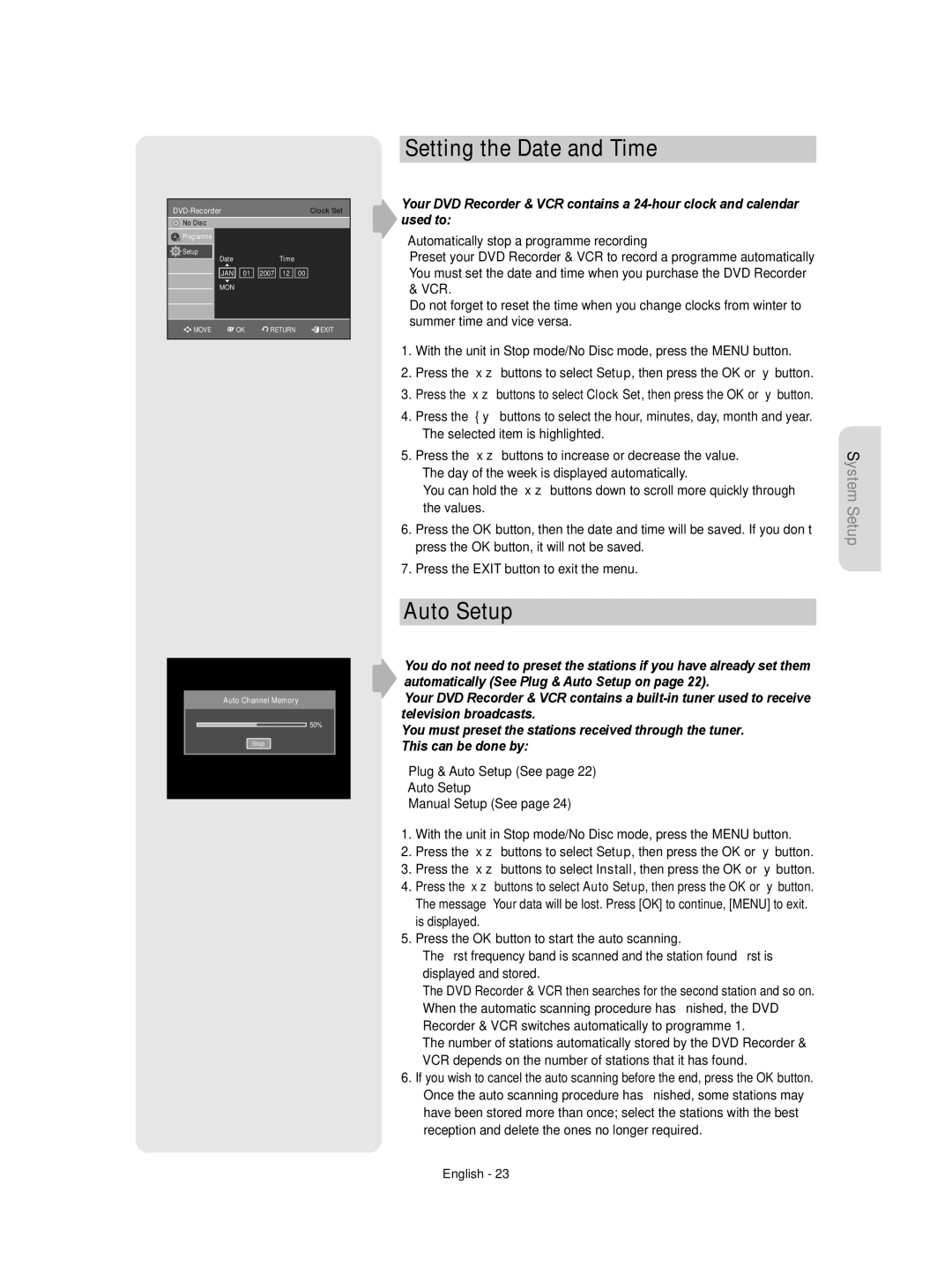 Samsung DVD-VR350/EUR, DVD-VR350/XEC, DVD-VR355/XEC, DVD-VR355/EUR, DVD-VR355/AUS manual Setting the Date and Time, Auto Setup 