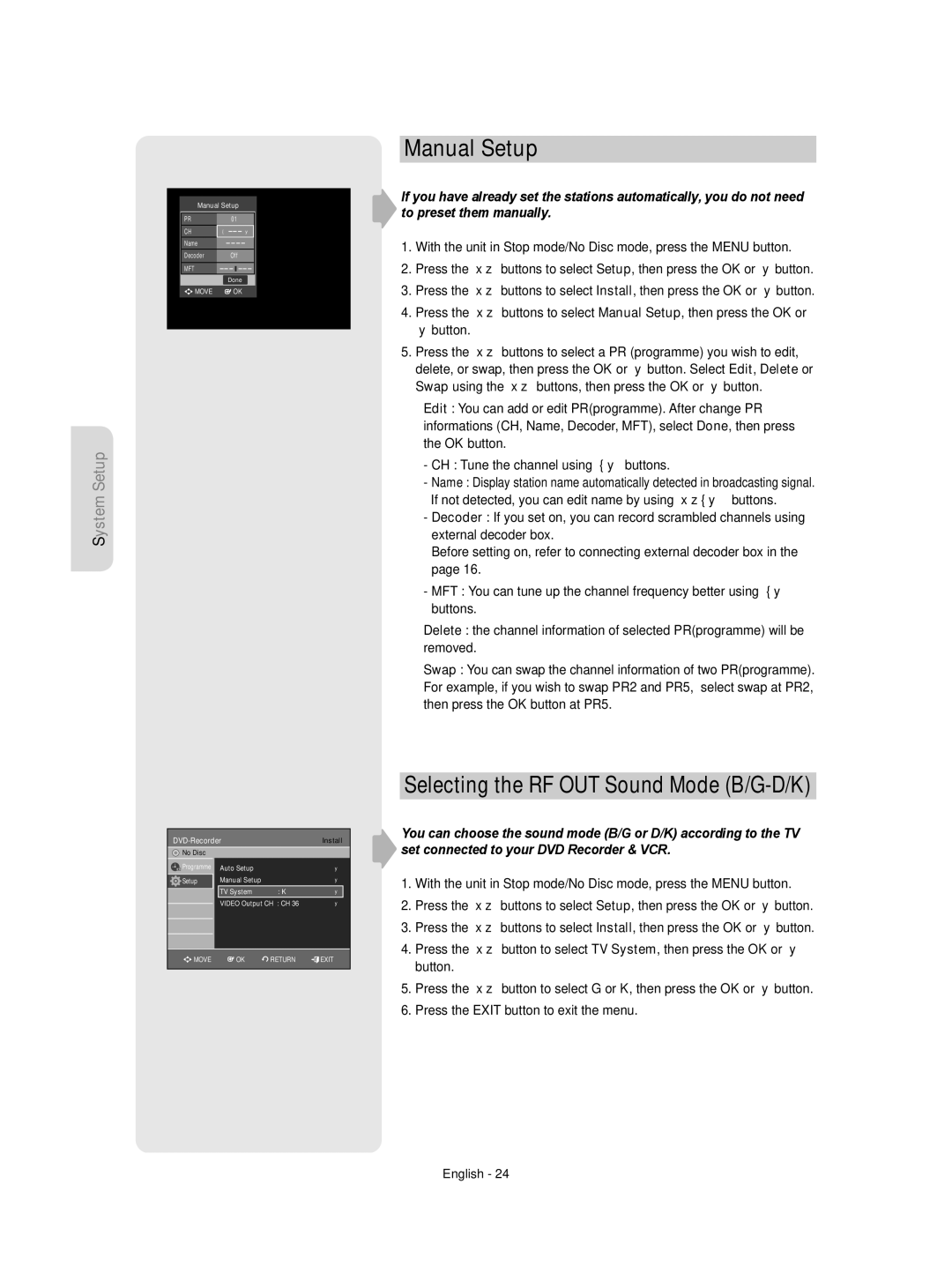 Samsung DVD-VR355/AUS, DVD-VR350/XEC, DVD-VR355/XEC, DVD-VR355/EUR Manual Setup, Selecting the RF OUT Sound Mode B/G-D/K 