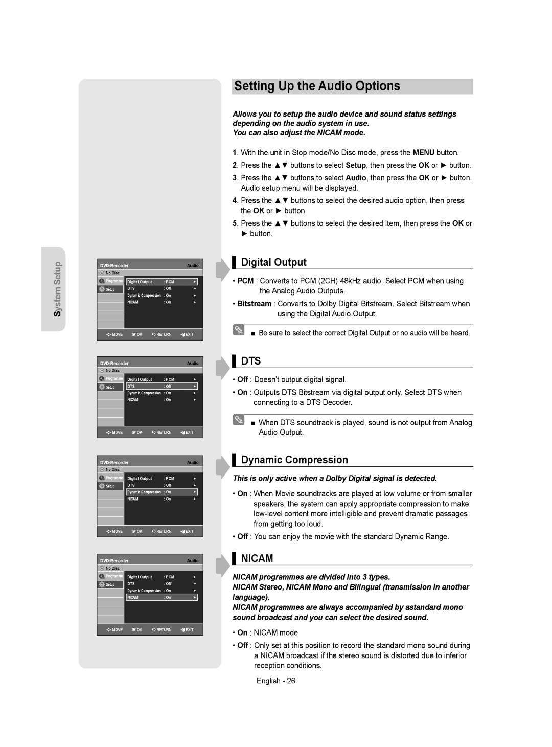 Samsung DVD-VR355/XEC, DVD-VR350/XEC, DVD-VR355/EUR manual Setting Up the Audio Options, Digital Output, Dynamic Compression 