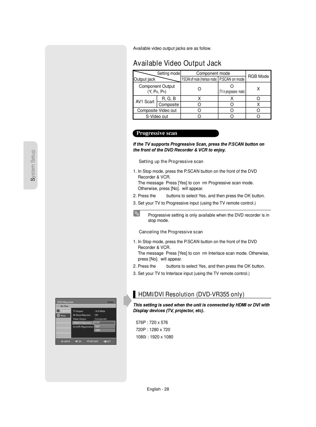 Samsung DVD-VR350/EUR Available Video Output Jack, HDMI/DVI Resolution DVD-VR355 only, ‹ Setting up the Progressive scan 