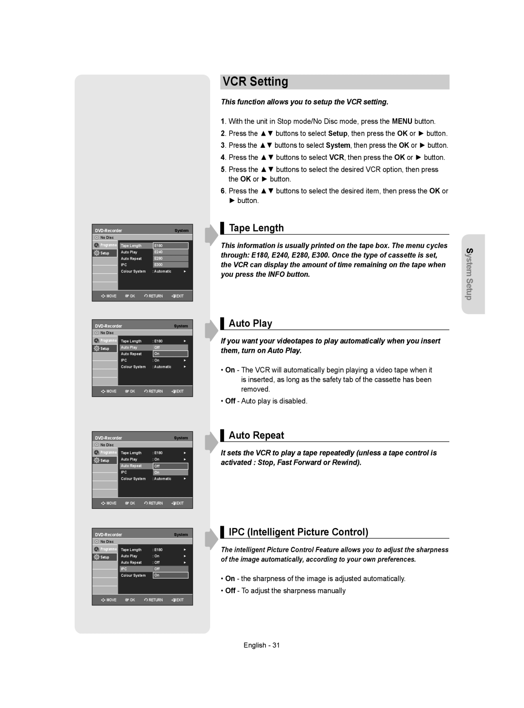 Samsung DVD-VR355/XEC, DVD-VR350/XEC VCR Setting, Tape Length, Auto Play, Auto Repeat, IPC Intelligent Picture Control 