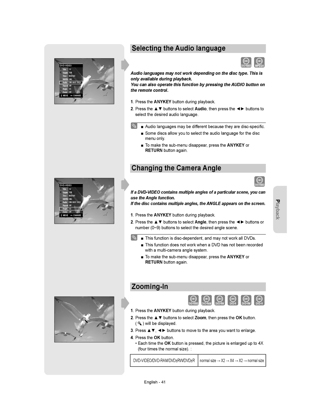 Samsung DVD-VR355/XEC, DVD-VR350/XEC, DVD-VR355/EUR Selecting the Audio language, Changing the Camera Angle, Zooming-In 